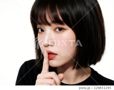 指を唇に当ている女性 129651295