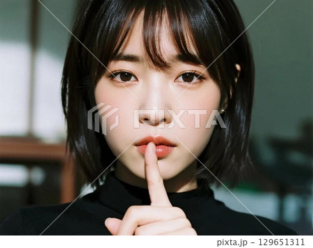 指を唇に当ている女性 指を唇に当ている女性 129651311