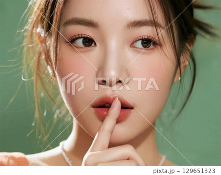 指を唇に当ている女性 129651323