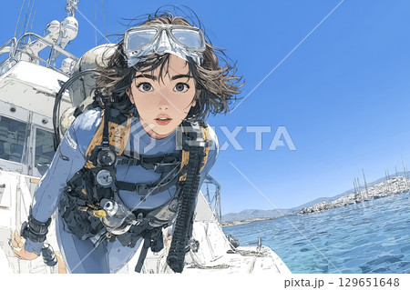 美優シリーズ：ダイビングポイントに向かう船の上から海を見つめる女性ダイバー 129651648