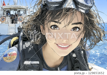 美優シリーズ：ダイビングスポットに到着して笑顔になる女性ダイバー 129651652