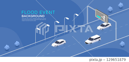 Flooded City Road with Cars and Warning Sign Isometric Vector 129651879