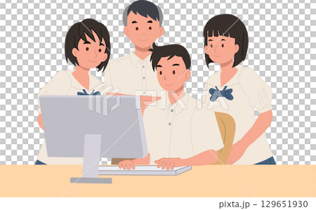teenage students in school uniforms working on computer together representing e learning teamwork and modern classroom life 129651930