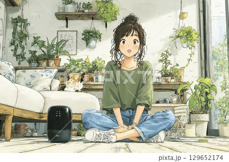 美優シリーズ:家庭のリビングでAI家事アシスタントを操作する日本人女性 美優シリーズ:家庭のリビングでAI家事アシスタントを操作する日本人女性 129652174