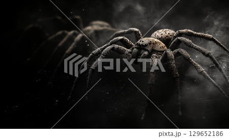 Close-up of menacing spider with hairy legs on dark background, dramatic lighting Close-up of menacing spider with hairy legs on dark background, dramatic lighting 129652186