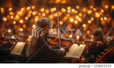 A talented violinist passionately plays her instrument during a captivating orchestra performance, surrounded by warm, glowing lights creating a beautiful ambiance of music and passion. 129652243