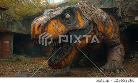 Lifelike T-Rex dinosaur model in abandoned urban setting, autumn 129652266