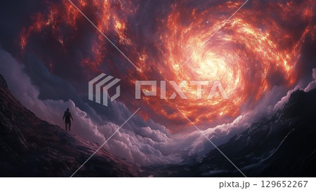A stunning scene featuring a solitary figure gazing at an immense glowing vortex amidst dramatic cloud formations, evoking feelings of wonder, adventure, and the vast mysteries of the universe 129652267
