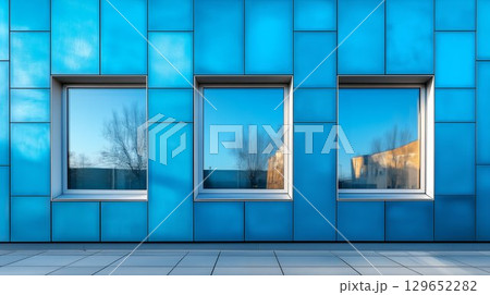 Triple windows reflecting urban surroundings on a modern blue facade with clean aesthetics. Showcases a balance between structured design and vivid color 129652282