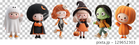 3D cute Halloween kids characters in costume isolated on transparent background. 3D cute Halloween kids characters in costume isolated on transparent background. 129652303