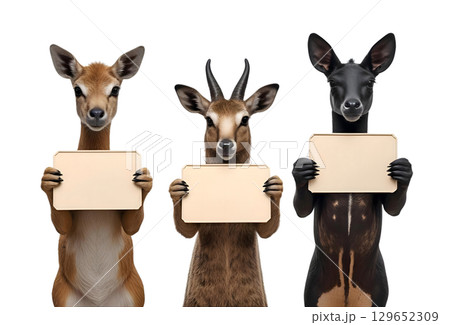 白背景に空白のサインボードを持っている動物たち 白背景に空白のサインボードを持っている動物たち 129652309