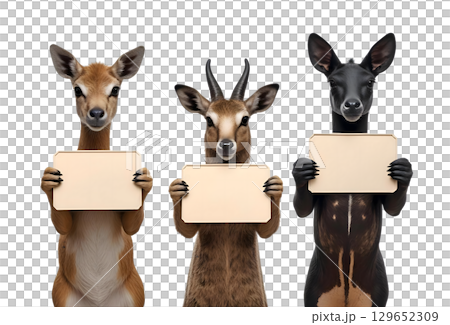 白背景に空白のサインボードを持っている動物たち 白背景に空白のサインボードを持っている動物たち 129652309