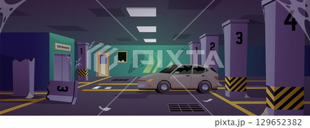 Empty abandoned underground parking vector flat illustration, damaged garage for transport in basement, broken markings 129652382