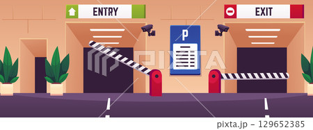 Urban underground parking interior vector flat illustration, entry and exit gate automatic barrier to basement garage 129652385