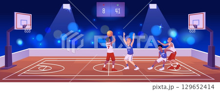 Basketball competition on the stadium vector flat illustration, cartoon basketball players fight for the ball, 129652414