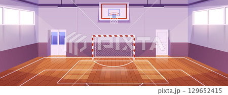 School gym interior vector flat illustration, basketball and soccer sport team games, athletic sport court stadium arena School gym interior vector flat illustration, basketball and soccer sport team games, athletic sport court stadium arena 129652415