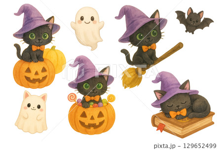 魔法使いの帽子を被った黒猫と可愛いお化けのハロウィン水彩イラストセット 129652499