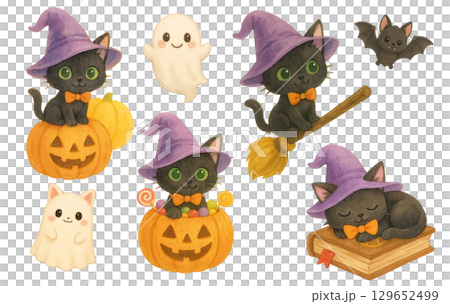 魔法使いの帽子を被った黒猫と可愛いお化けのハロウィン水彩イラストセット 129652499