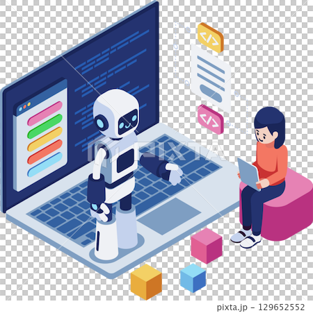 Isometric AI Robot Teaching Child Learn Coding 129652552