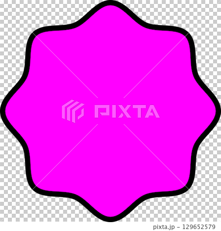 A pink, jagged, round icon with a black border. 129652579
