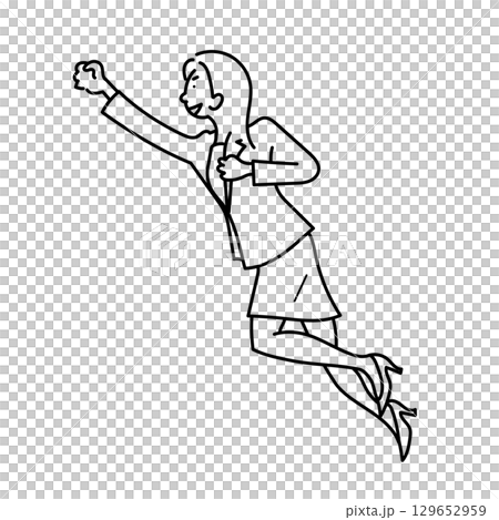イラスト素材: 拳を突き上げて飛ぶ女性ビジネスマンの線画ベクター 129652959