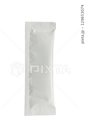 Blank white sachet packaging for food cosmetic and medicine isolated on white background 129653074