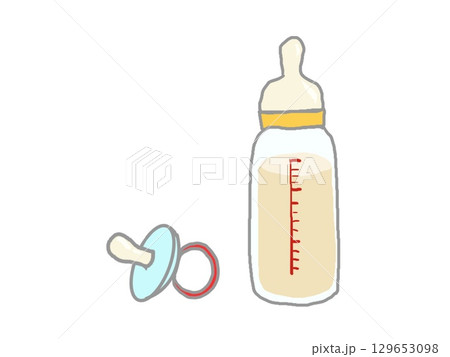 ミルクの入った哺乳瓶とおしゃぶりのイラスト 129653098