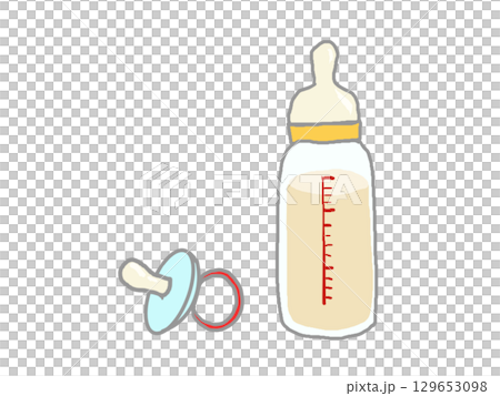 Illustration of a baby bottle filled with milk and a pacifier 129653098