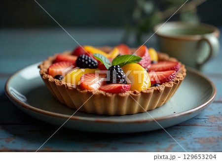 Delicious fruit tart with strawberries, peaches, and blackberries on rustic table Delicious fruit tart with strawberries, peaches, and blackberries on rustic table 129653204
