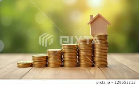 Increasing stacks of coins with a miniature house on top symbolizing savings for a new home 129653213