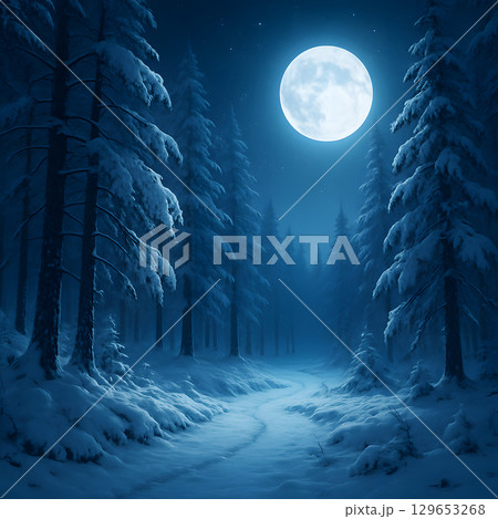 雪化粧した森と満月の光に包まれた幻想的なイラスト 129653268