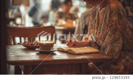 カフェで本を読む女性 129653393