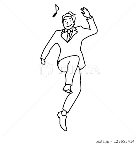 イラスト素材: いいことがあってスキップする男性ビジネスマンの線画ベクター イラスト素材: いいことがあってスキップする男性ビジネスマンの線画ベクター 129653414
