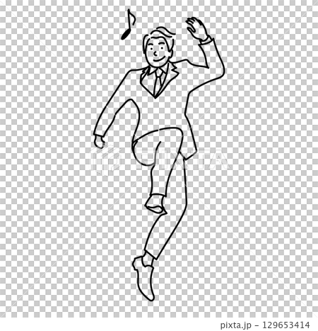 イラスト素材: いいことがあってスキップする男性ビジネスマンの線画ベクター イラスト素材: いいことがあってスキップする男性ビジネスマンの線画ベクター 129653414