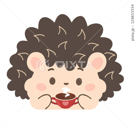 Cute Cartoon Hedgehog Drinking Coffee Illustration Cute Cartoon Hedgehog Drinking Coffee Illustration 129653554