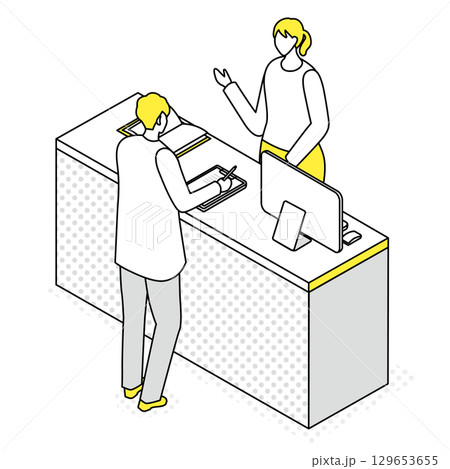 カウンターで書類に記入する男性客のイラスト 129653655