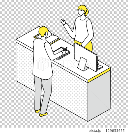 Illustration of a male customer filling out paperwork at the counter Illustration of a male customer filling out paperwork at the counter 129653655