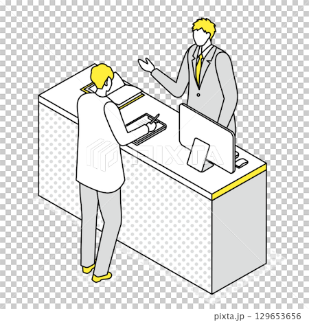 カウンターで記入する男性客と男性受付のイラスト 129653656