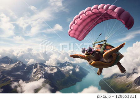 a turtle mid-skydive, sporting oversized round sunglasses and a full parachute harness.3D illustration of animal adventure and exploration concept. Design for poster, wallpaper, card, banner a turtle mid-skydive, sporting oversized round sunglasses and a full parachute harness.3D illustration of animal adventure and exploration concept. Design for poster, wallpaper, card, banner 129653811