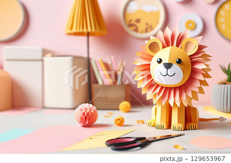a paper lion sitting next to a pair of scissors, at home, full portrait, red and orange colored, desk fan 129653967
