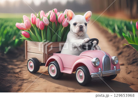 Playful scene of a dog driving a pink toy car with tulips in tow on a rural dirt path. Perfect for flower delivery, spring promotions, or pet-related businesses. 129653968
