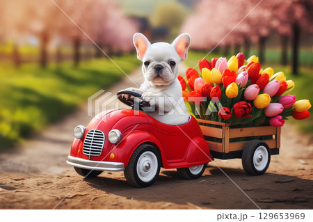 Cute white French bulldog puppy driving a red toy car with a wooden trailer full of red and white tulips on a country road. Spring and floral delivery concept, 129653969