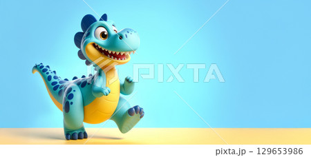 Friendly paper dinosaur craft in bright colors with clouds and circles, perfect for creative learning apps, kids decor brands, school projects, art supply stores, children magazines 129653986