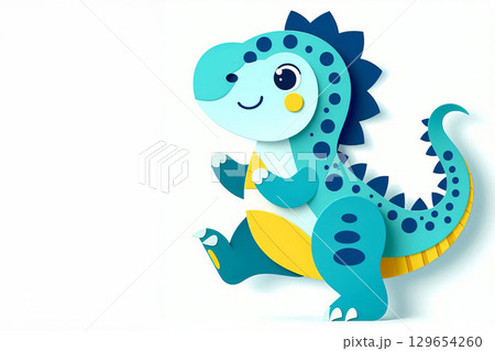 Cute dinosaur made of layered colorful paper on white background. 3D paper craft style illustration. Children and nursery theme. Design for print, card. Flat lay composition with copy space, 129654260