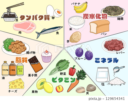 五大栄養素のイメージイラスト（日本語文字入り）（四角形） 129654341