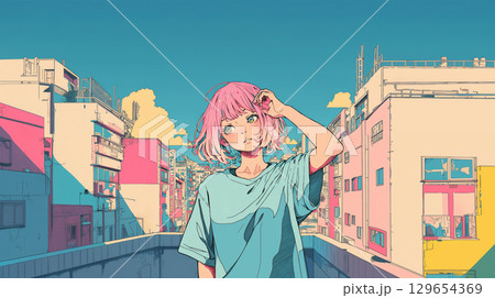 都会をバックに立つ若い女性 129654369