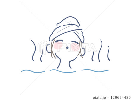 女性が肩まで湯船に入ってお風呂に入っているイラスト 129654489