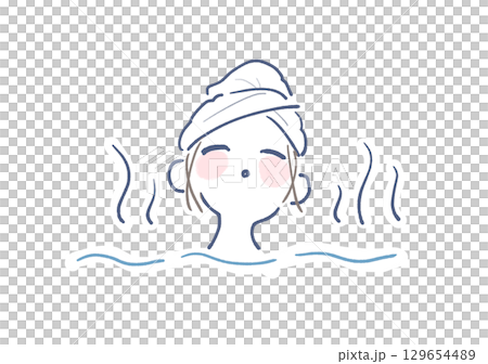 女性が肩まで湯船に入ってお風呂に入っているイラスト 129654489