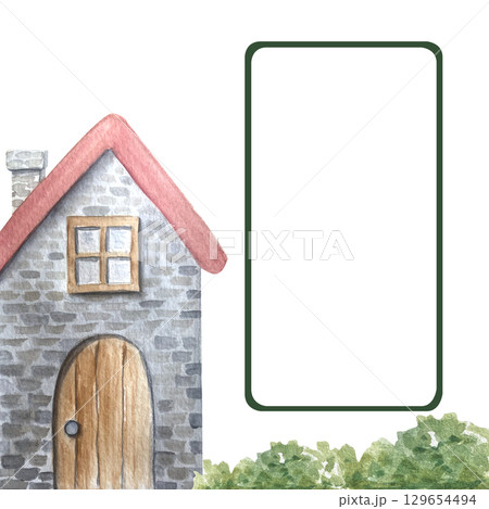 Stone house with red roof, wooden door, window and chimney with a frame on the right, perfect for invitations, fairy-tale cards, text placement. Hand-painted watercolor illustration on white 129654494