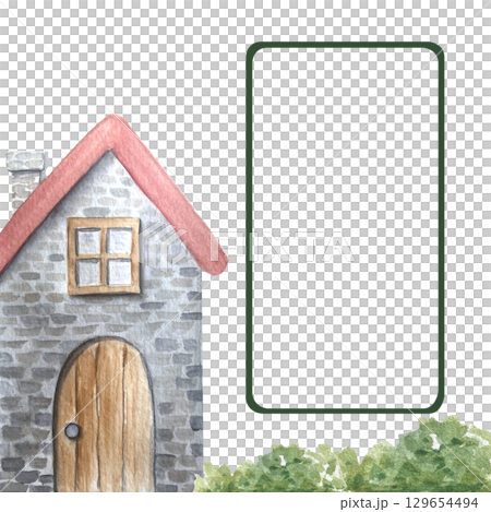 Stone house with red roof, wooden door, window and chimney with a frame on the right, perfect for invitations, fairy-tale cards, text placement. Hand-painted watercolor illustration on white Stone house with red roof, wooden door, window and chimney with a frame on the right, perfect for invitations, fairy-tale cards, text placement. Hand-painted watercolor illustration on white 129654494